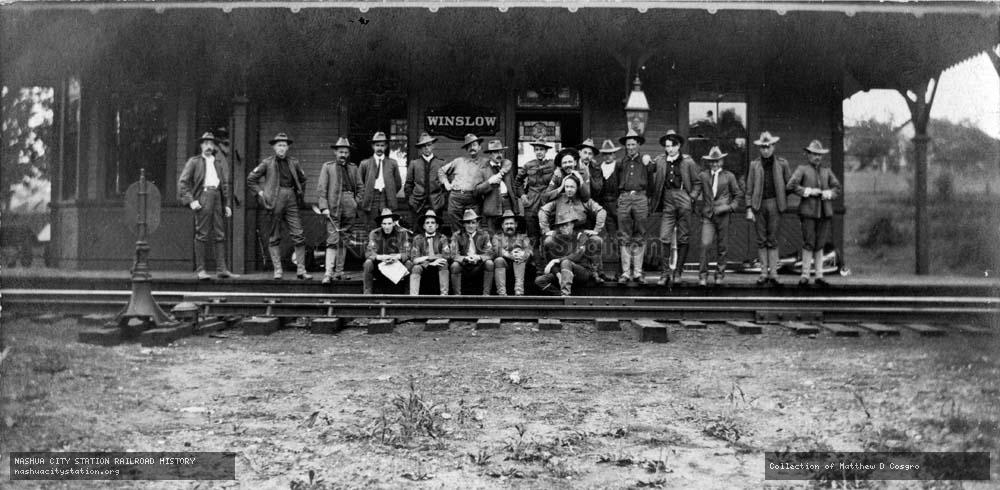 Postcard: Group on platform of Winslow station.  Winslow, Maine